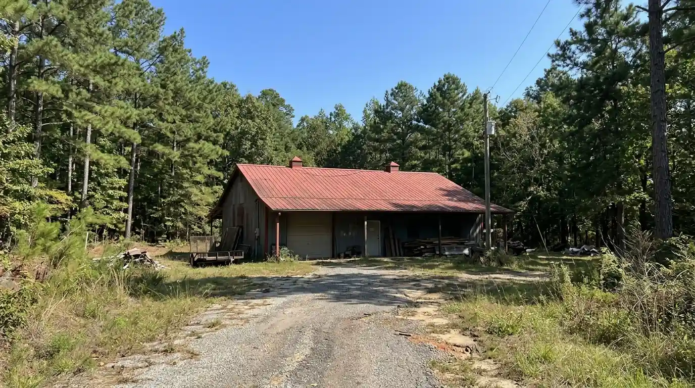 Barn red metal panel roof on a rural central Arkansas workshop surrounded by pine trees, clear blue sky and gravel drive