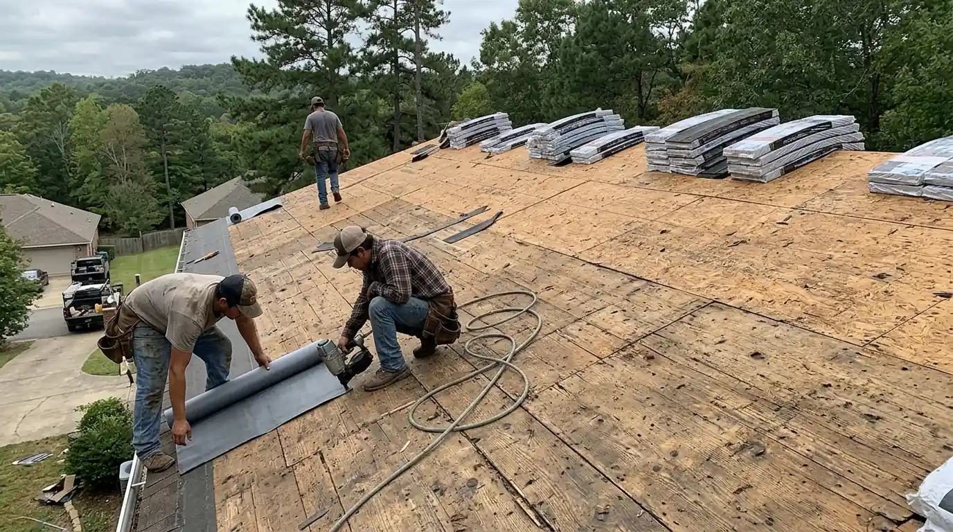 Roofing crew installing synthetic underlayment and starter strip on a stripped roof deck in central Arkansas, stacks of shingle bundles on the ridge