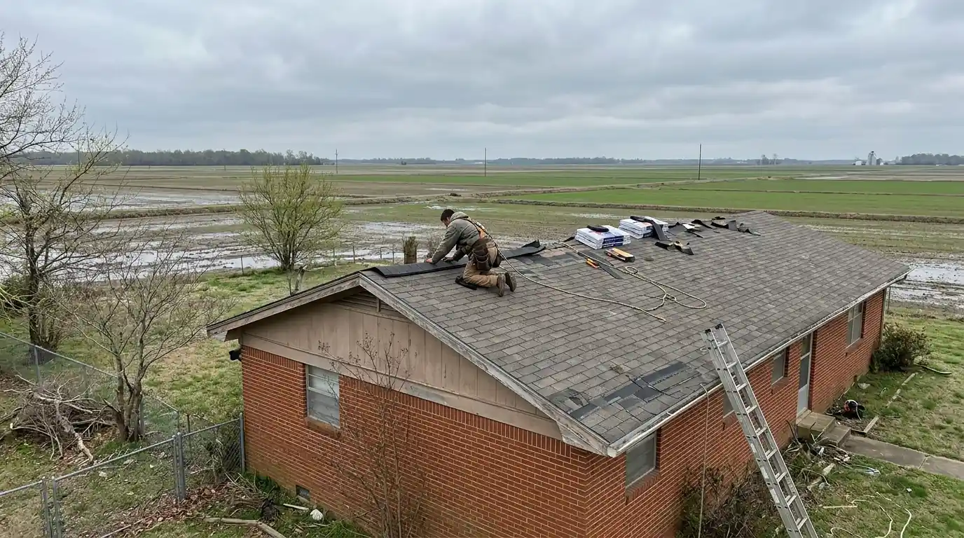 Roofer replacing wind-torn ridge cap shingles on a brick ranch home in Stuttgart Arkansas, flat rice fields stretching behind, overcast spring sky