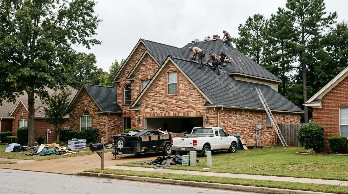New impact-resistant architectural shingles on a 1990s brick two-story home in a Cabot Arkansas subdivision, crew finishing the ridge