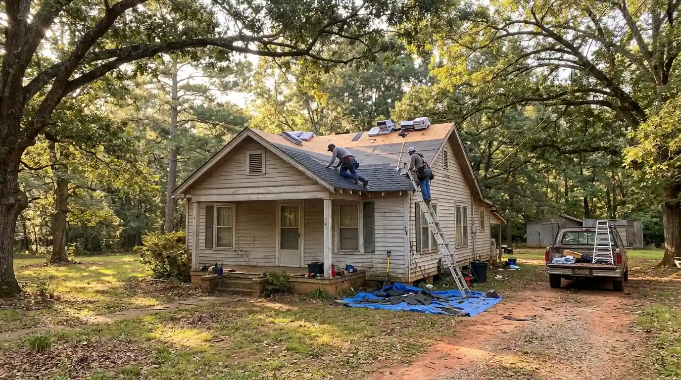 Small older gable roof home in Bauxite Arkansas getting a shingle repair on one slope, oak trees overhead, red dirt driveway, morning light