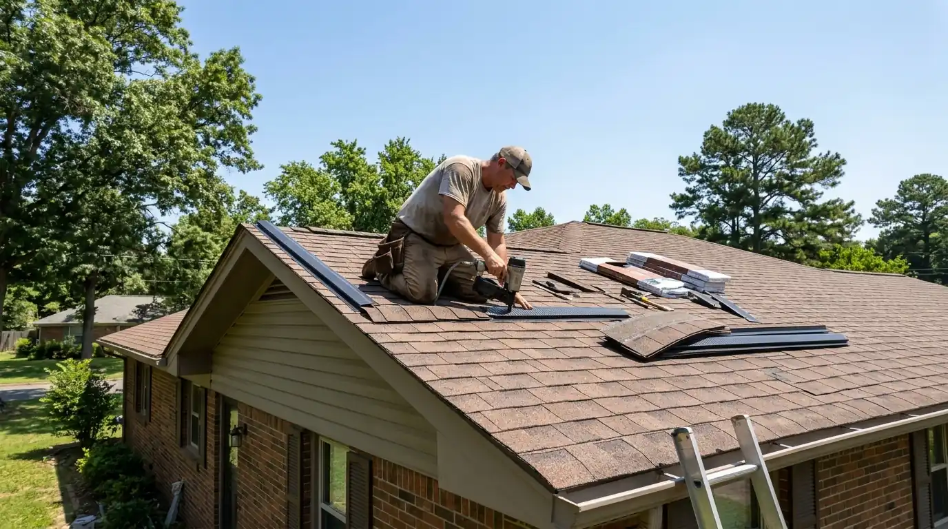 Roofer installing a shingle-over ridge vent along the peak of a brown asphalt roof on a Little Rock ranch home, bright summer sky