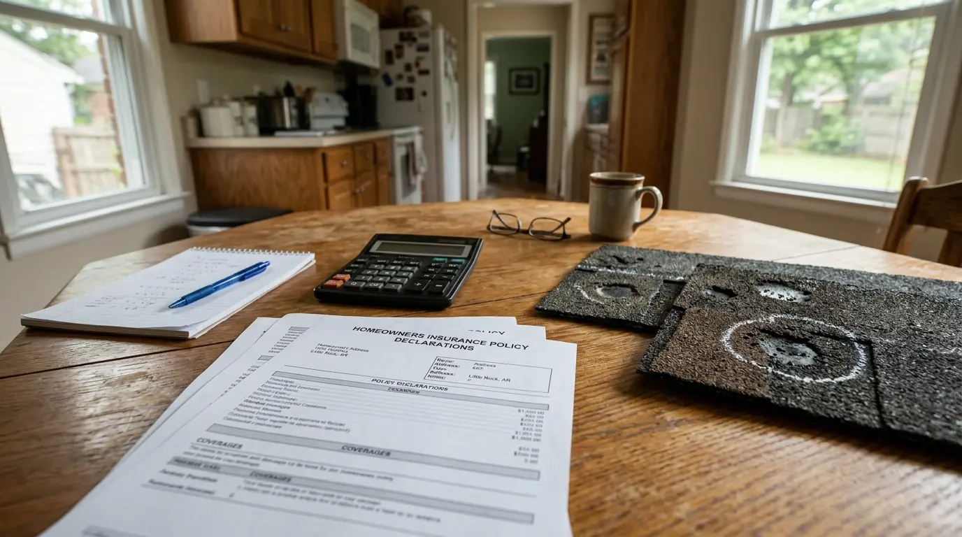 Homeowners insurance declarations page and calculator on a kitchen table beside hail-damaged shingle samples, Little Rock home, soft window light