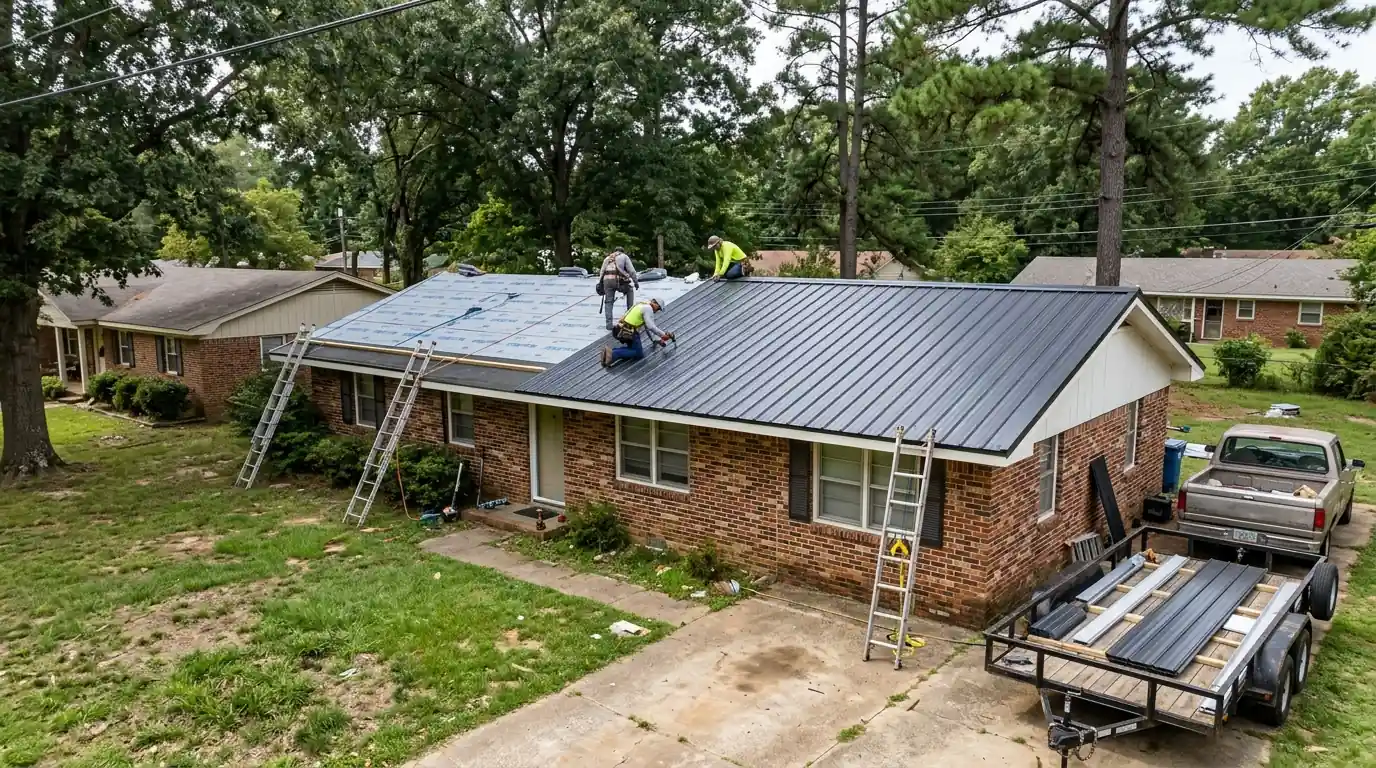 Charcoal exposed fastener metal roof being installed on a one story brick ranch home near Geyer Springs Road, southwest Little Rock