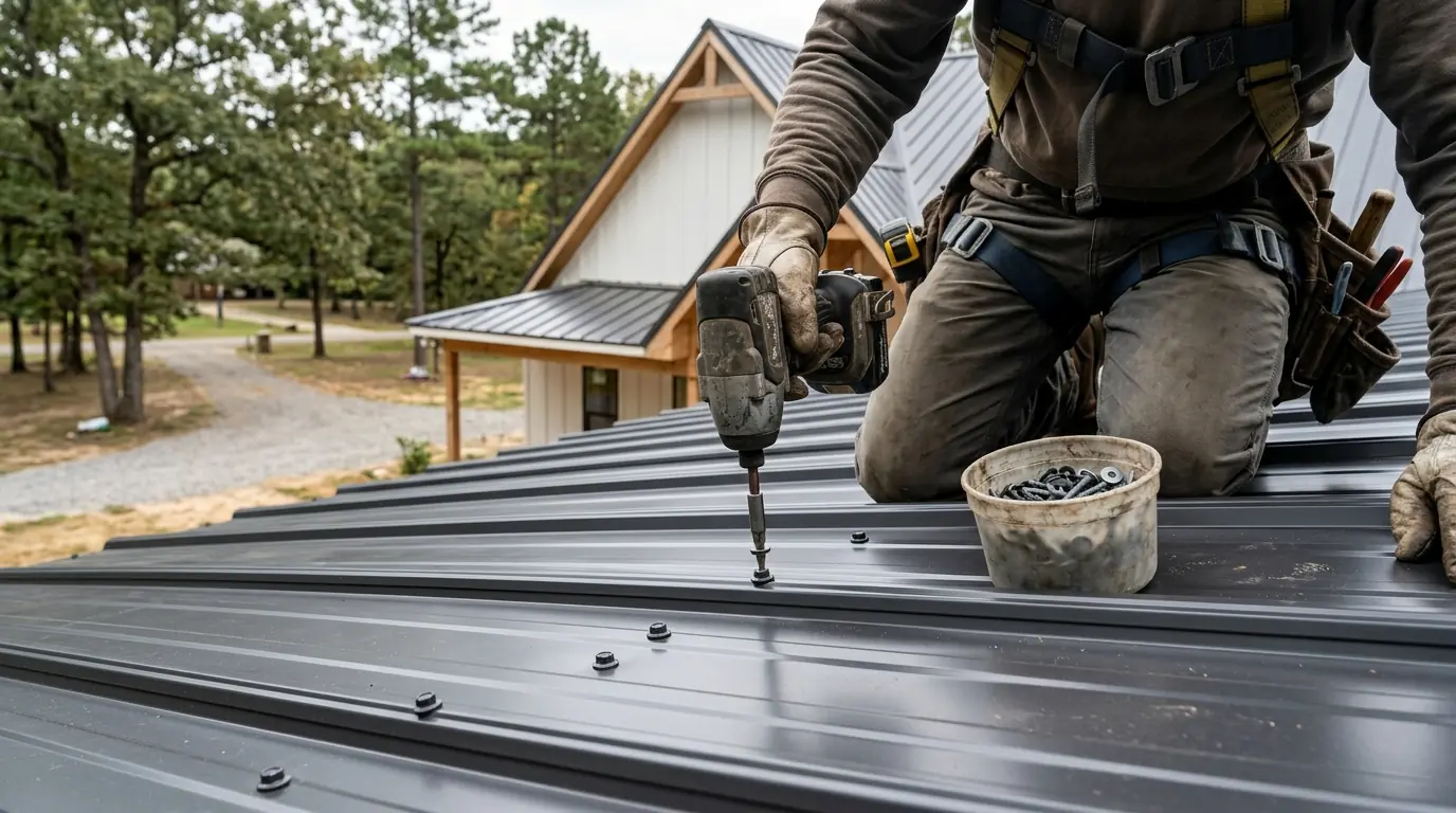 Charcoal ribbed exposed-fastener metal panels being screwed down on a farmhouse style home outside Little Rock, cordless drill and screw bucket nearby