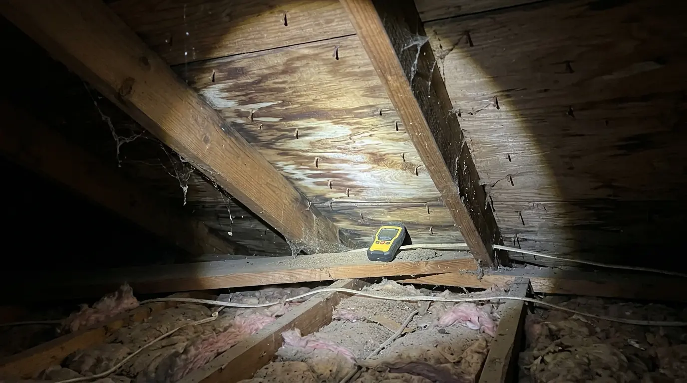 Flashlight beam on stained plywood roof decking inside a dusty Arkansas attic, moisture meter resting on a rafter, fiberglass insulation below
