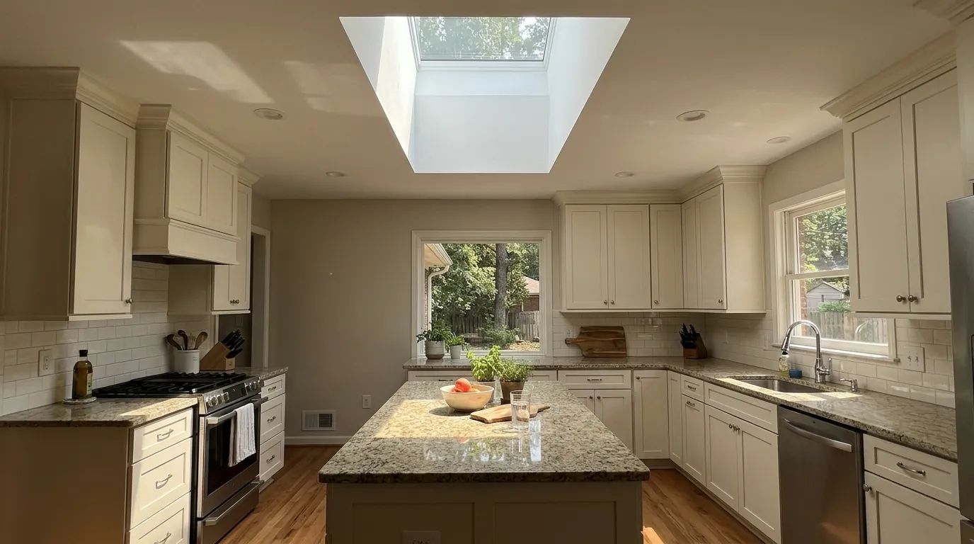 Bright kitchen ceiling with a newly installed skylight and drywalled light shaft, sunlight falling across countertops in a central Arkansas home