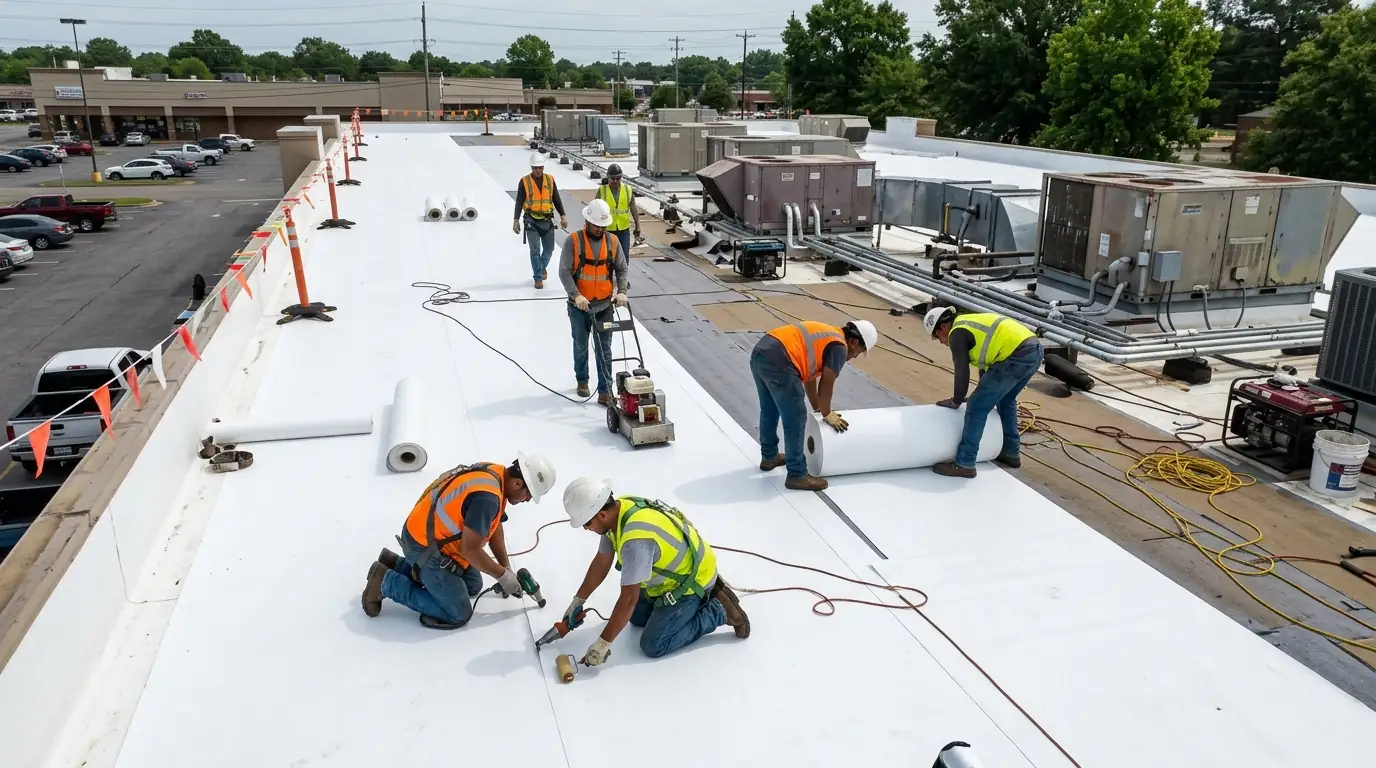 Roofing crew installing white TPO membrane on a flat roof of a one-story retail strip center in Little Rock, rooftop HVAC units in background