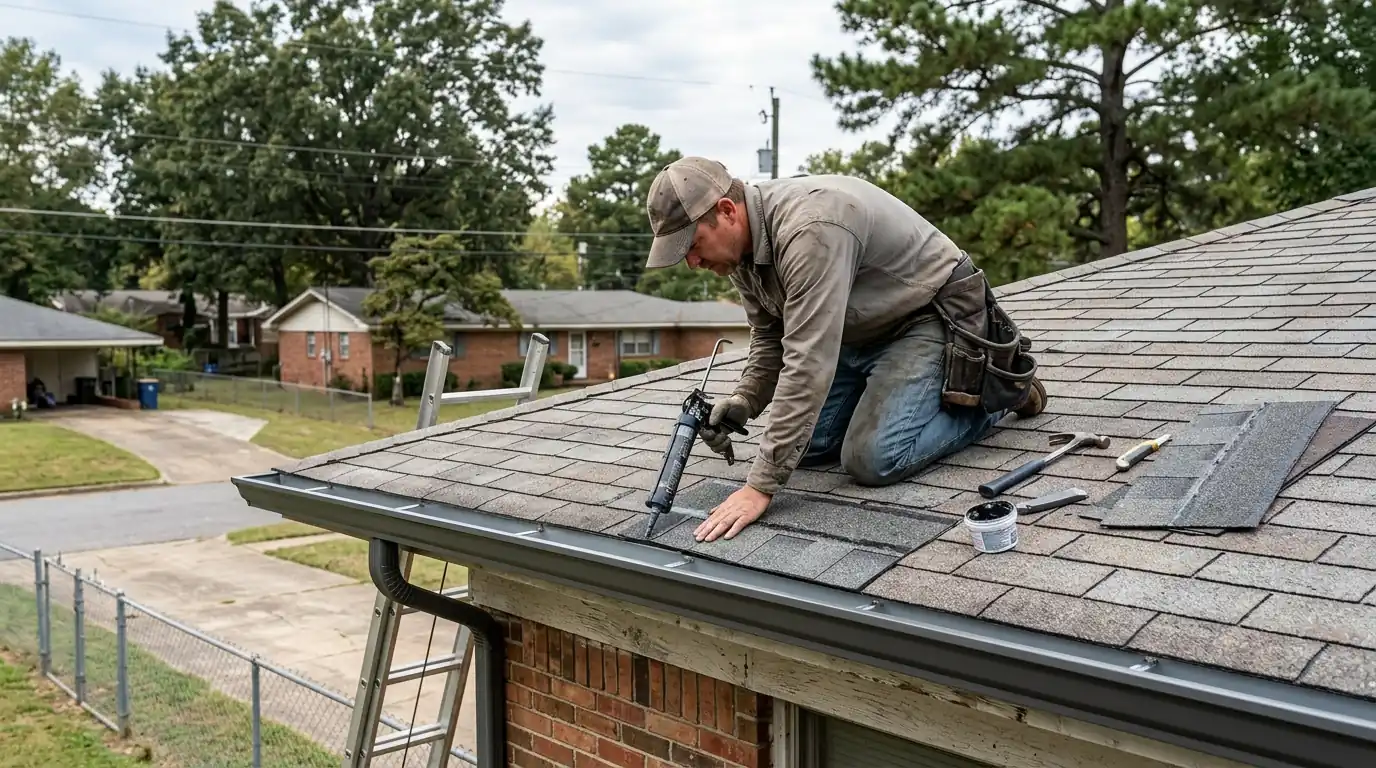Roofer hand sealing replacement shingles on a one story midcentury home in Cloverdale, southwest Little Rock, new gutters along the eave