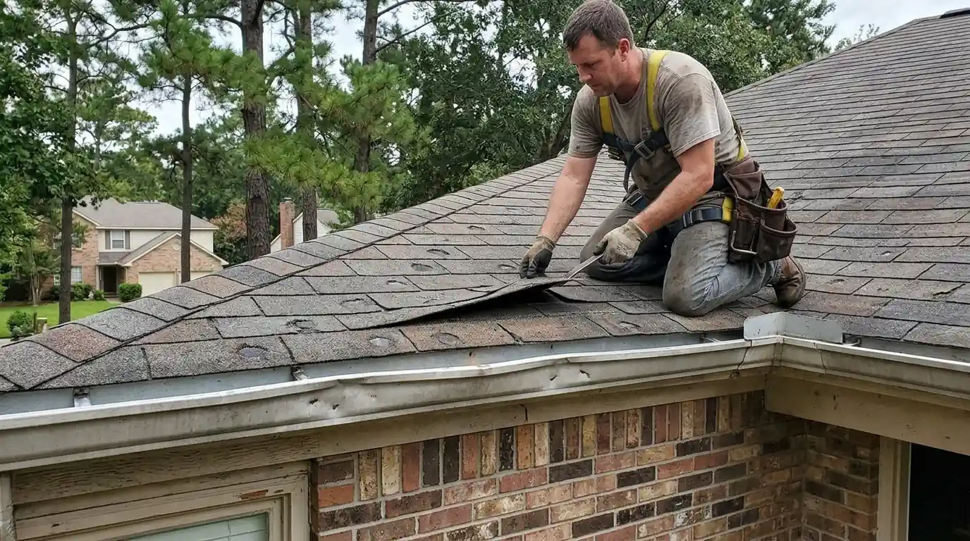 Roofer lifting hail bruised 3 tab shingles on an all brick 1990s home in Rock Creek, west Little Rock, gutters with dents visible