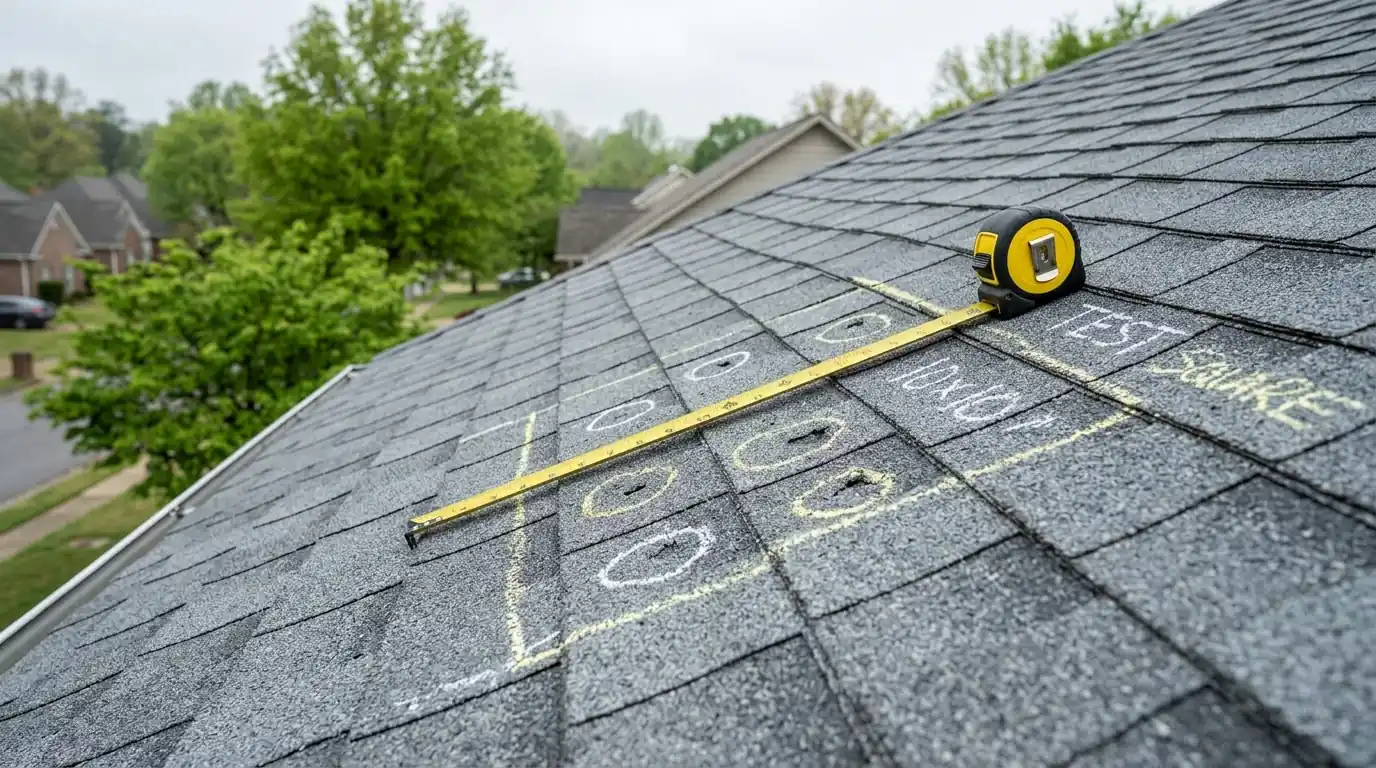 Chalk circles marking hail impacts on gray architectural shingles in Little Rock, measuring tape laid across a test square, overcast spring morning