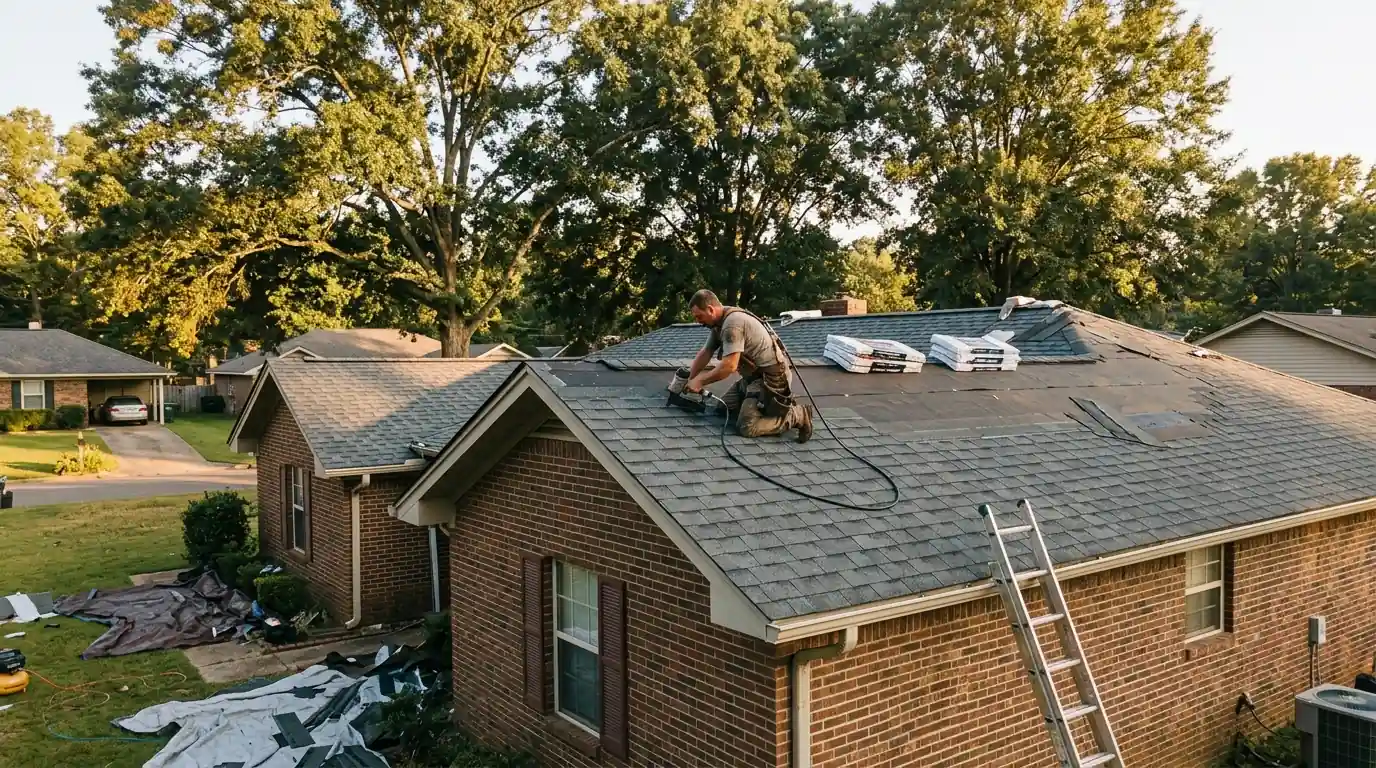 Roofer nailing architectural shingles on a brick ranch home in a Pulaski County Arkansas subdivision, tall oak trees behind, late afternoon light