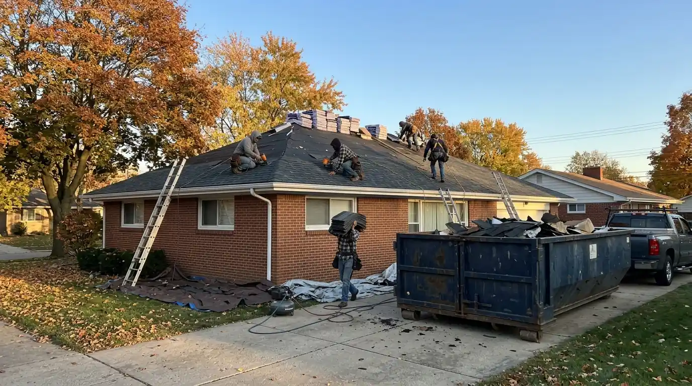 Roofing crew installing new charcoal architectural shingles on a single story brick ranch in Little Rock, dumpster in driveway, clear fall afternoon
