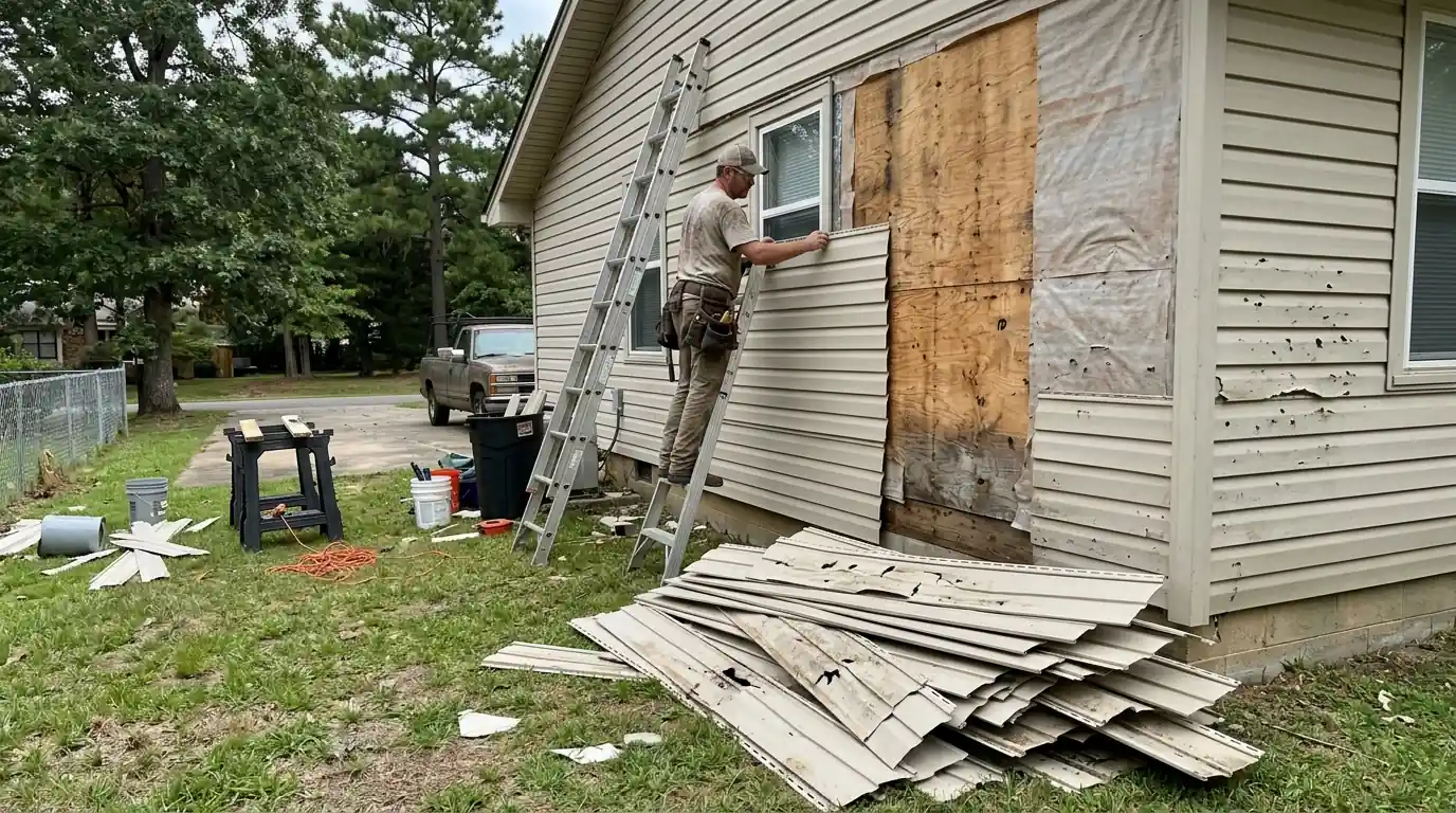 Worker replacing hail-cracked beige vinyl siding panels on the side of a Little Rock home, damaged pieces stacked on the lawn