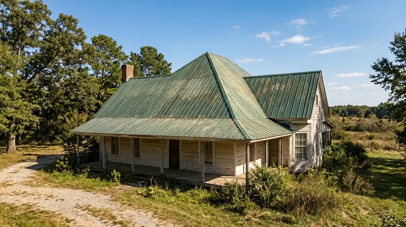 Aged standing seam metal roof on a farmhouse outside Little Rock, faded green finish and clean seams under a blue sky