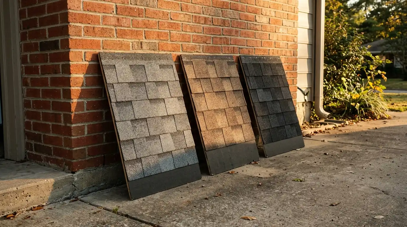 Sample boards of gray, brown and black asphalt shingles propped against a red brick wall in a central Arkansas driveway, late afternoon light