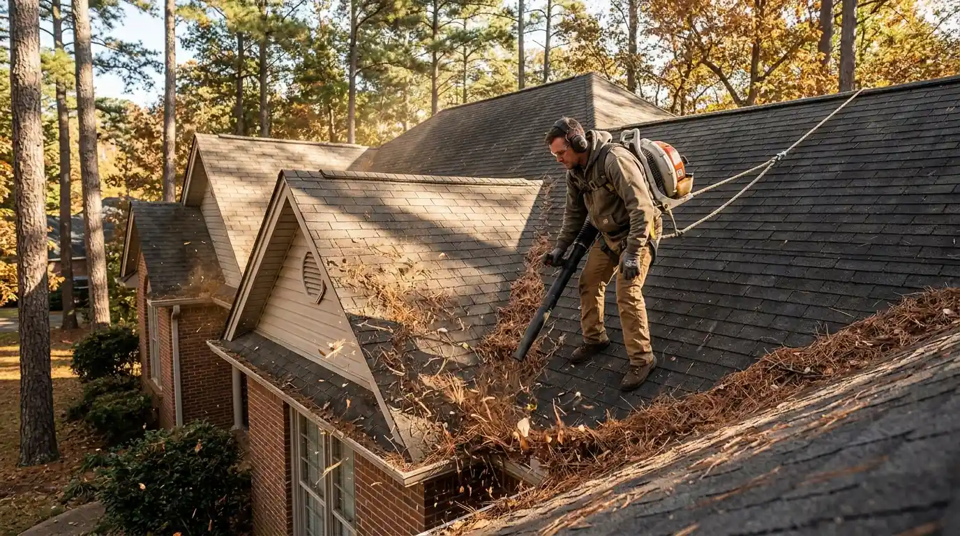 Roofer clearing pine needles from a shingle valley with a leaf blower on a Little Rock home shaded by tall pines, autumn light