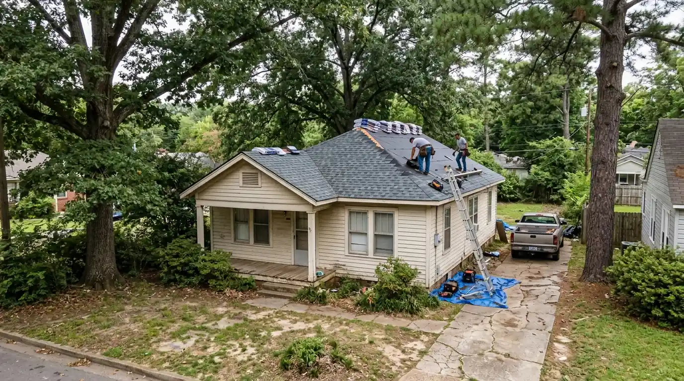 Small frame house near Boyle Park in Little Rock with a new gray shingle roof going on, mature trees and a narrow driveway