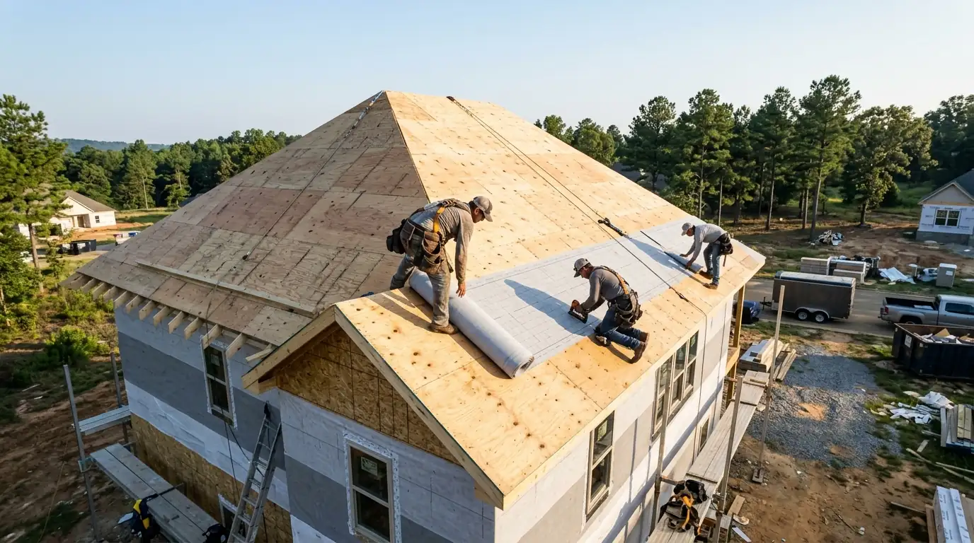 Roofing crew rolling synthetic underlayment over fresh plywood decking on a new two story home under construction near Little Rock, clear morning