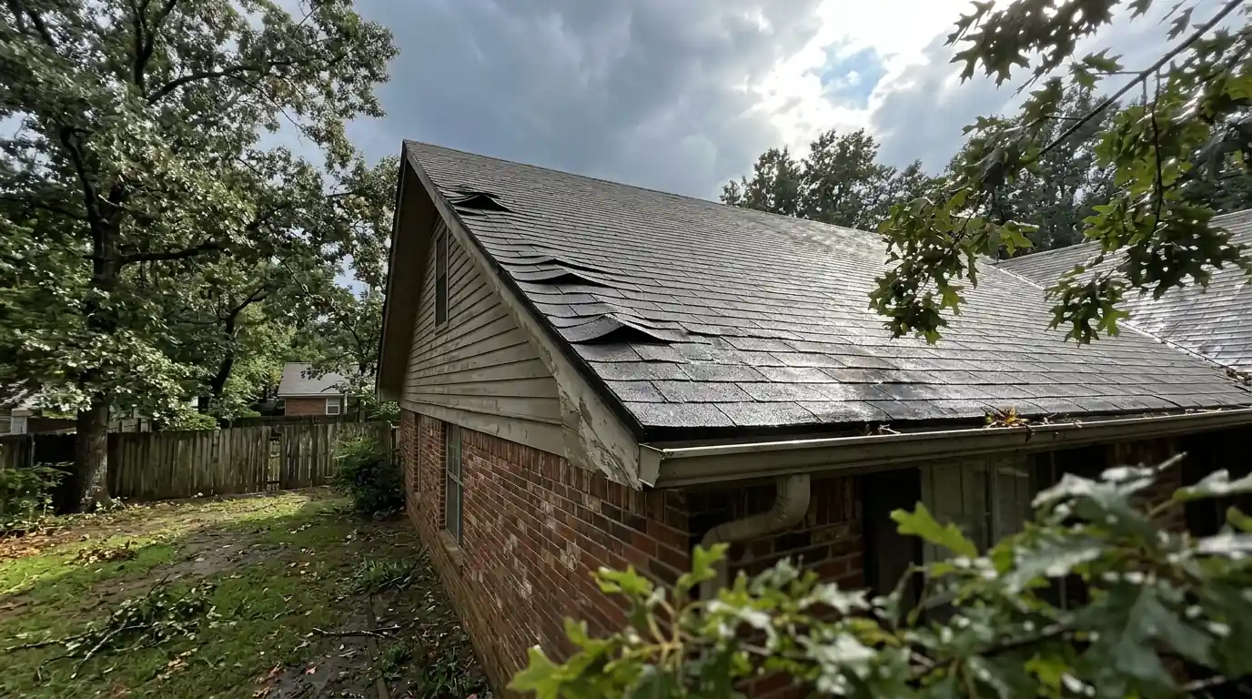 View from the yard of a gable roof in Little Rock with a row of lifted, creased shingles along the rake edge, storm clouds clearing