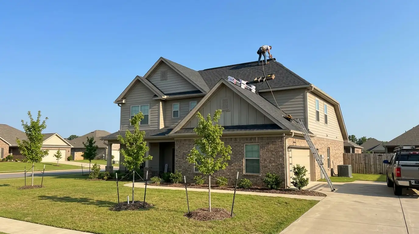 Roofer installing ridge vent on a newer two-story home in a Bryant Arkansas subdivision, young trees in the yard, clear summer sky