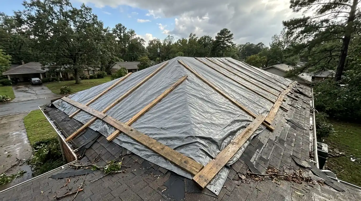 Heavy gray tarp wrapped over the ridge and anchored with wood battens on a storm-damaged Little Rock roof, clearing sky