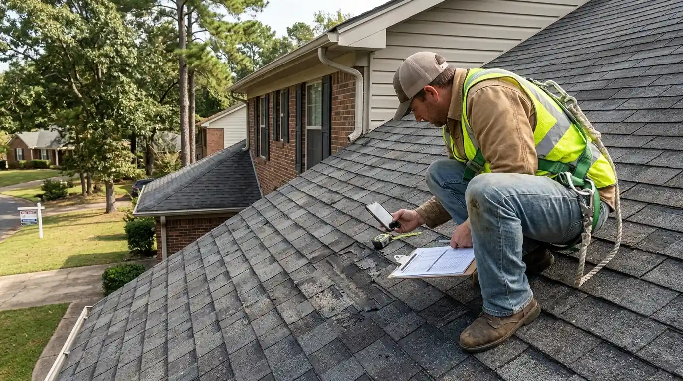 Roofer measuring granule wear on asphalt shingles of a two-story Little Rock home listed for sale, clipboard and phone camera, late morning light