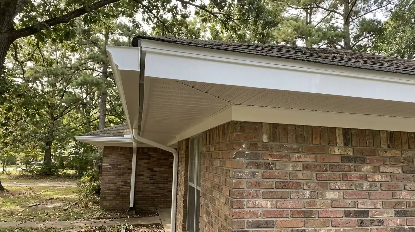 New vented white soffit panels and fresh painted fascia under the eave of a brick ranch home in central Arkansas, afternoon shade