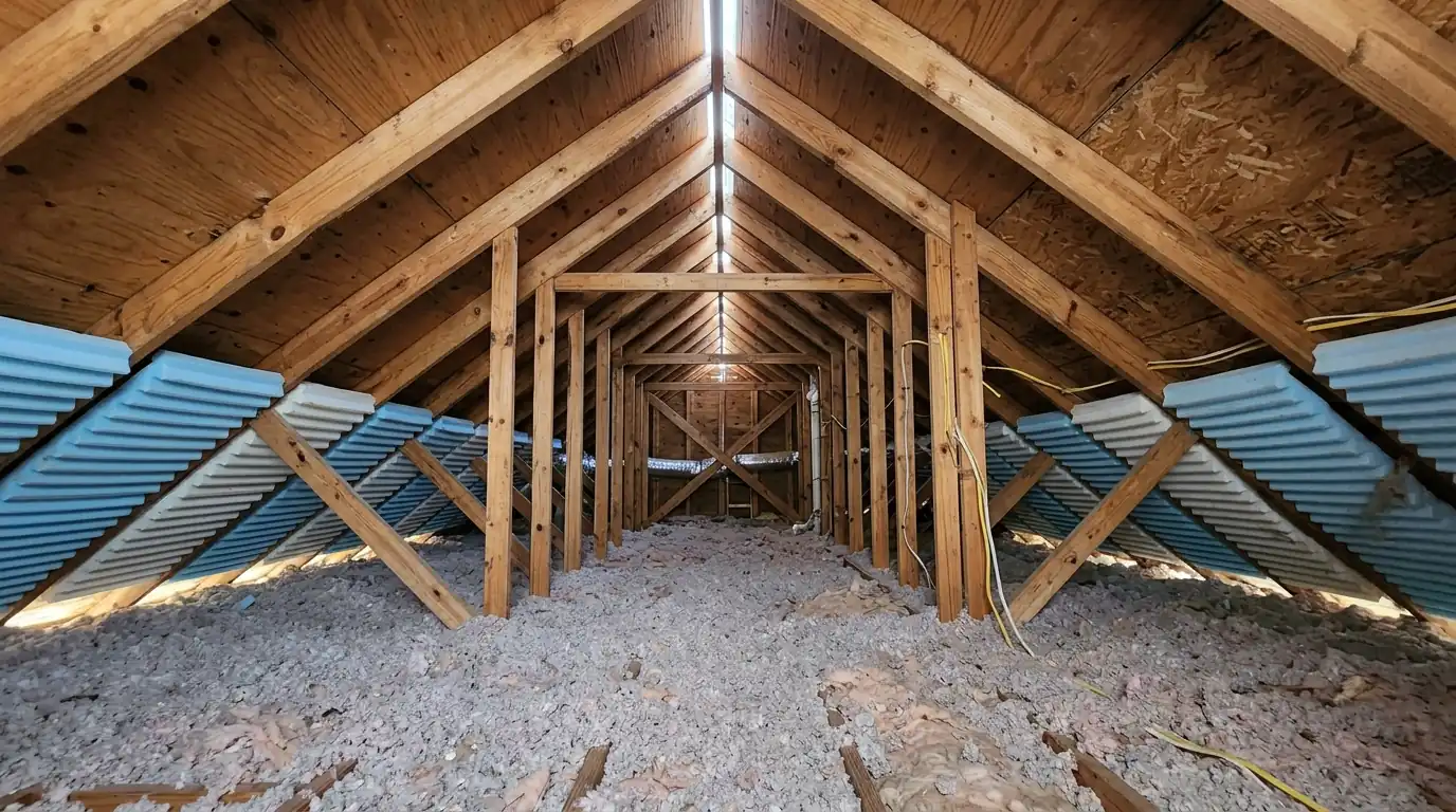 Attic interior of a Little Rock home showing foam baffles at the eaves and daylight from a continuous ridge vent along the peak