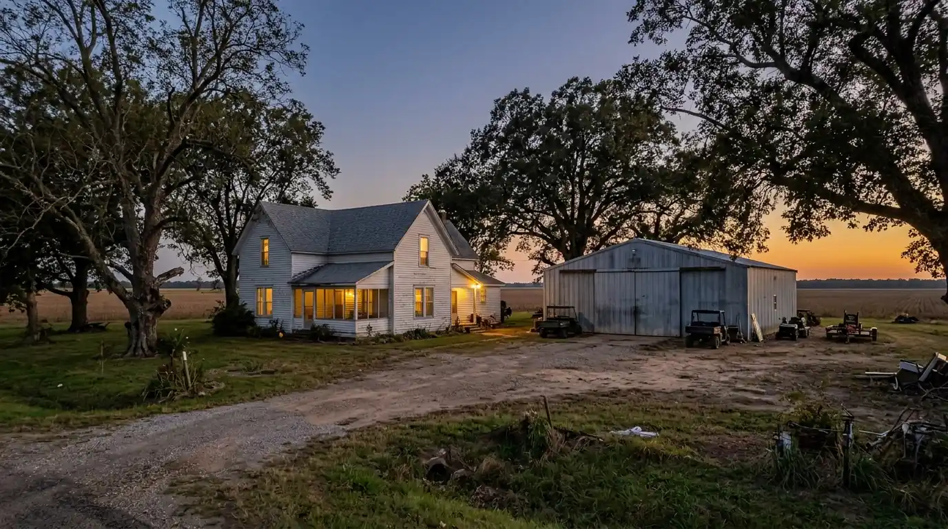 Farmhouse near Scott Arkansas with a gray shingle roof and a large metal equipment shop beside it, old pecan trees, flat fields at dusk