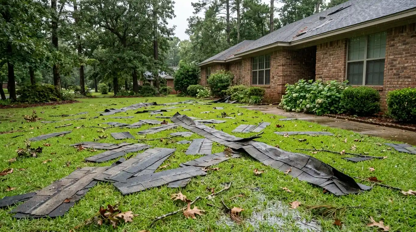 Torn shingles and a strip of ridge cap scattered on a wet lawn beside a brick home in central Arkansas after a summer windstorm