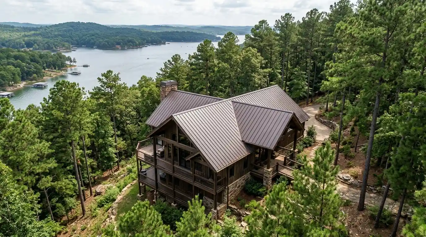 Dark bronze standing seam metal roof on a hillside lake home above Lake Hamilton in Garland County Arkansas, pine trees around
