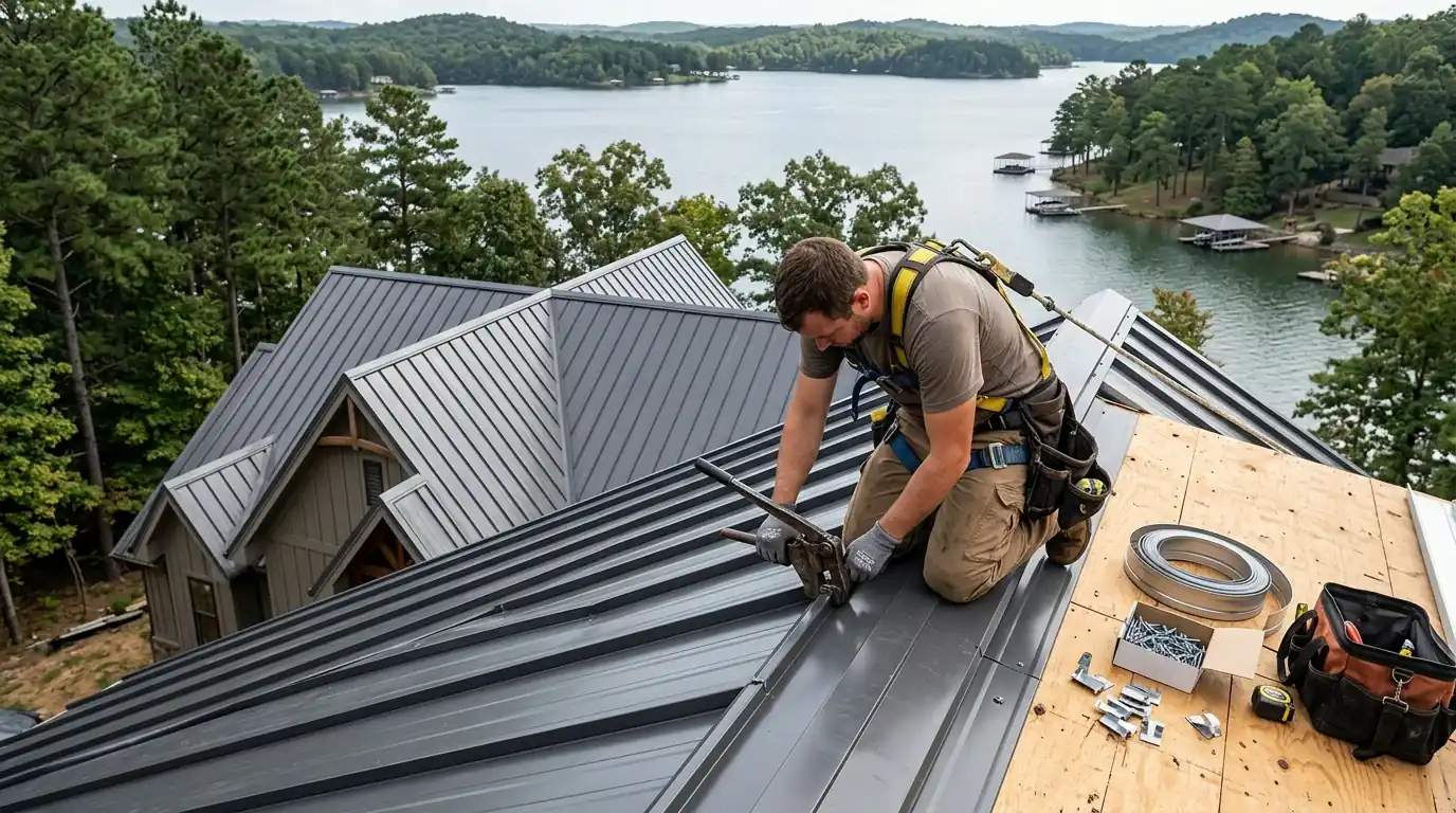 Roofer crimping a standing seam with a hand seaming tool on a lake home roof in central Arkansas, coiled trim and clips on the deck