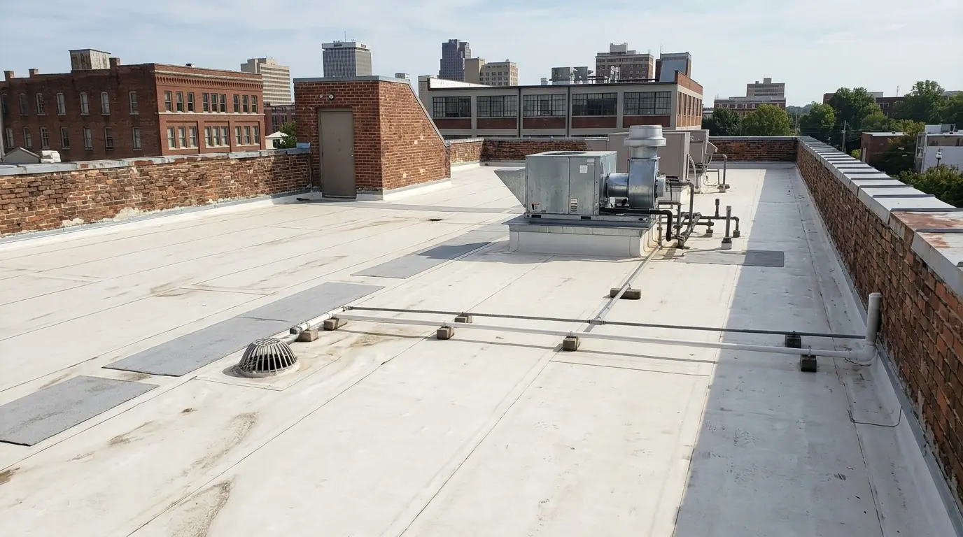 White TPO membrane flat roof behind brick parapet walls on a converted loft building in downtown Little Rock, roof drain and HVAC unit visible