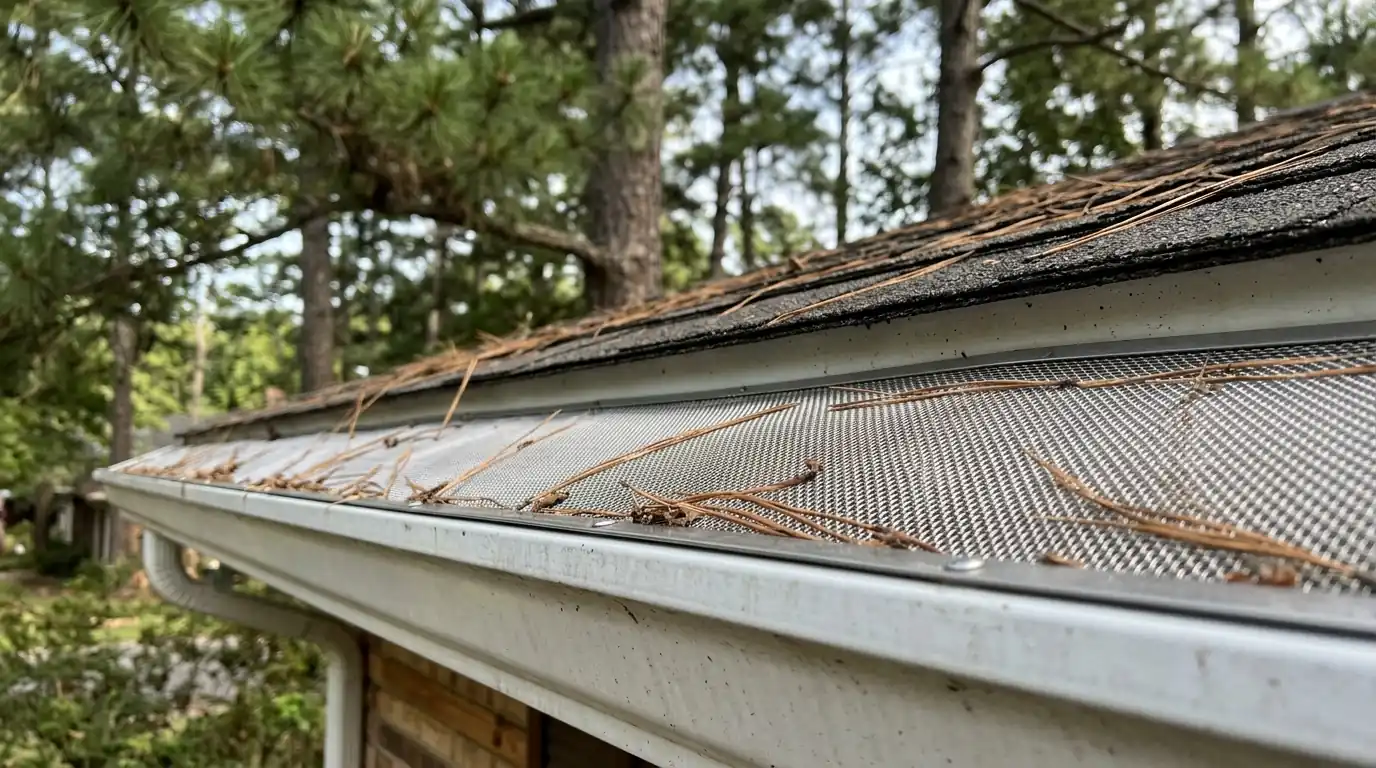 Stainless micro-mesh gutter guard covering a white aluminum gutter beneath tall pine trees on a Little Rock home, needles resting on top