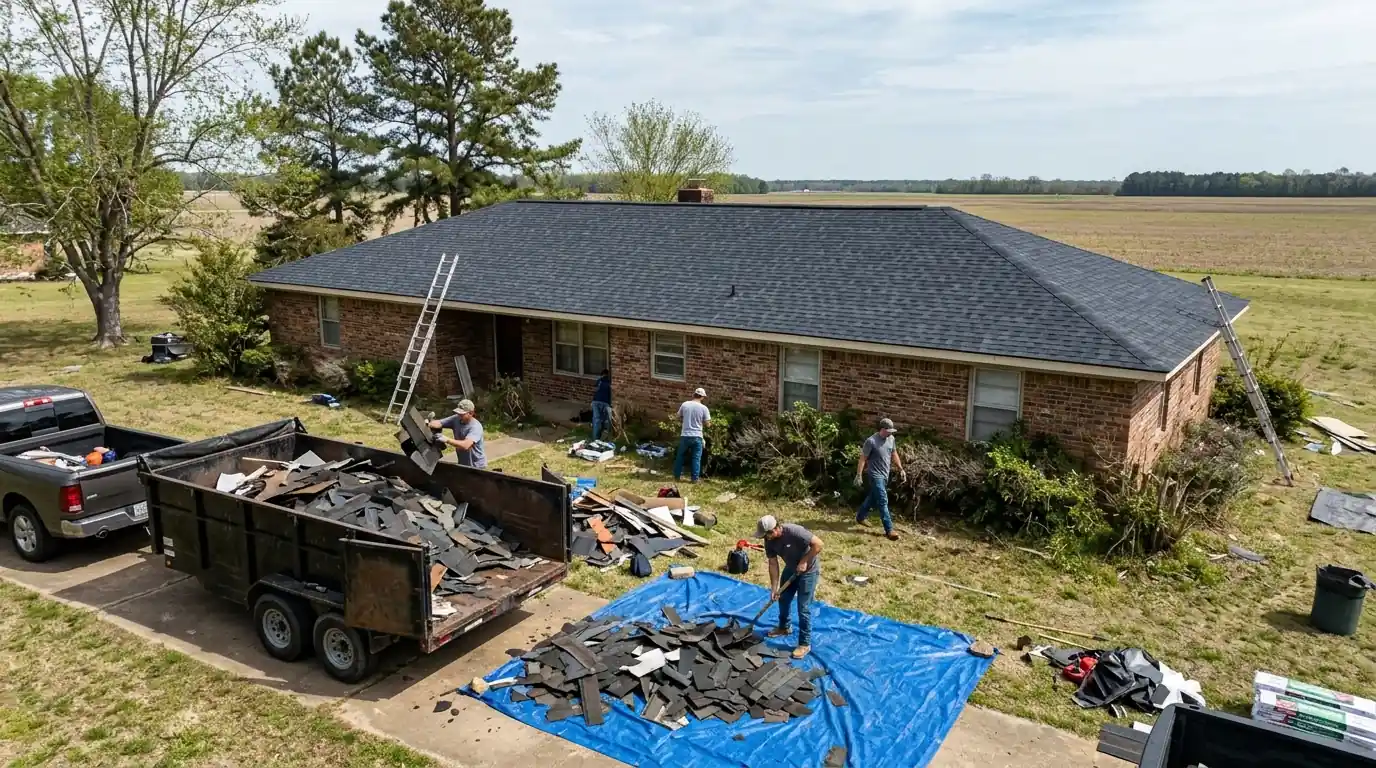 Brick ranch home in Searcy Arkansas with new charcoal architectural shingles, open sky over flat fields behind, crew loading old shingles into a trailer