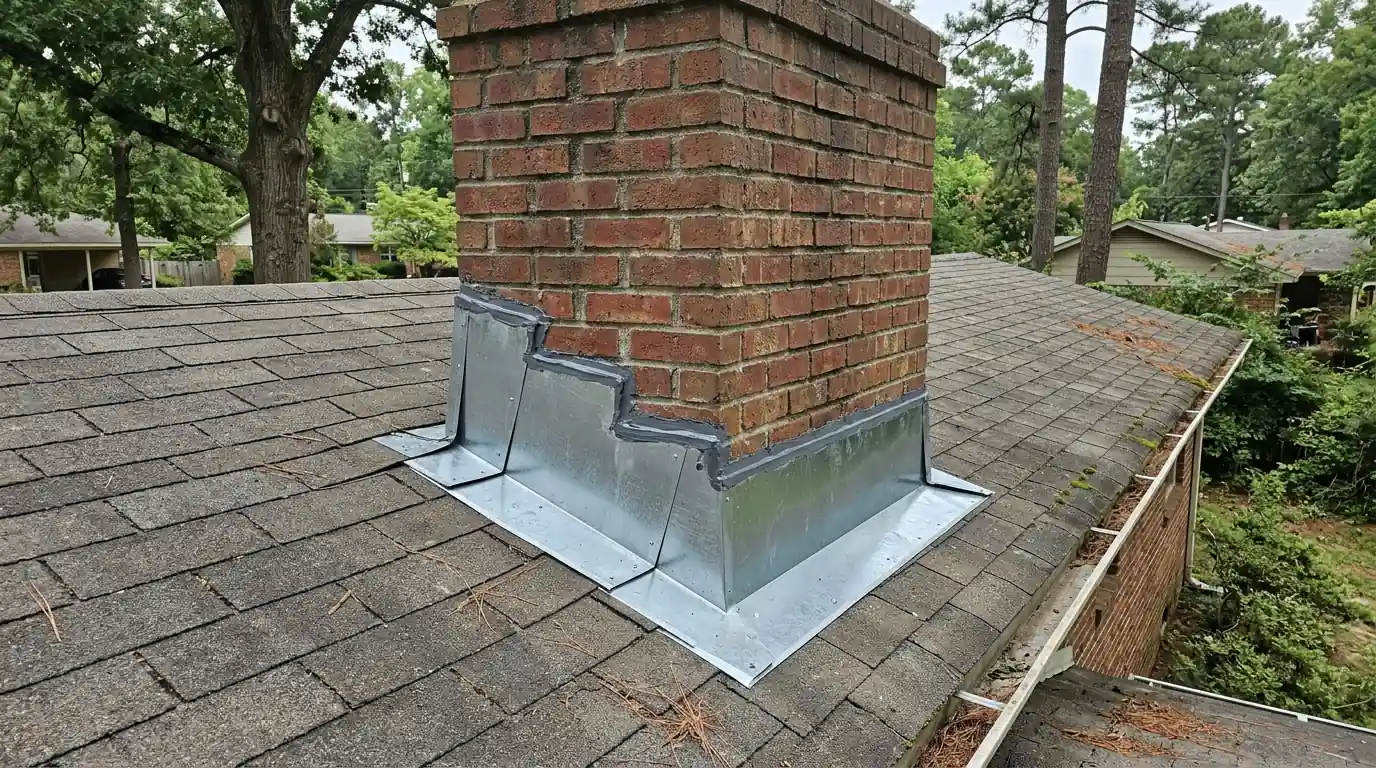 New step flashing and counter flashing around a brick fireplace chimney on a one story brick home in Otter Creek, southwest Little Rock