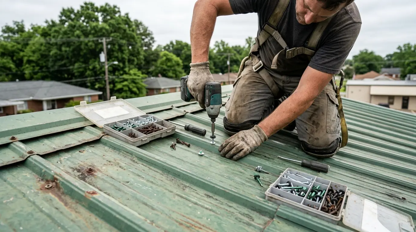 Roofer replacing rusted screws with new washered fasteners on a weathered green ribbed metal roof in Little Rock, drill and screw tray beside him