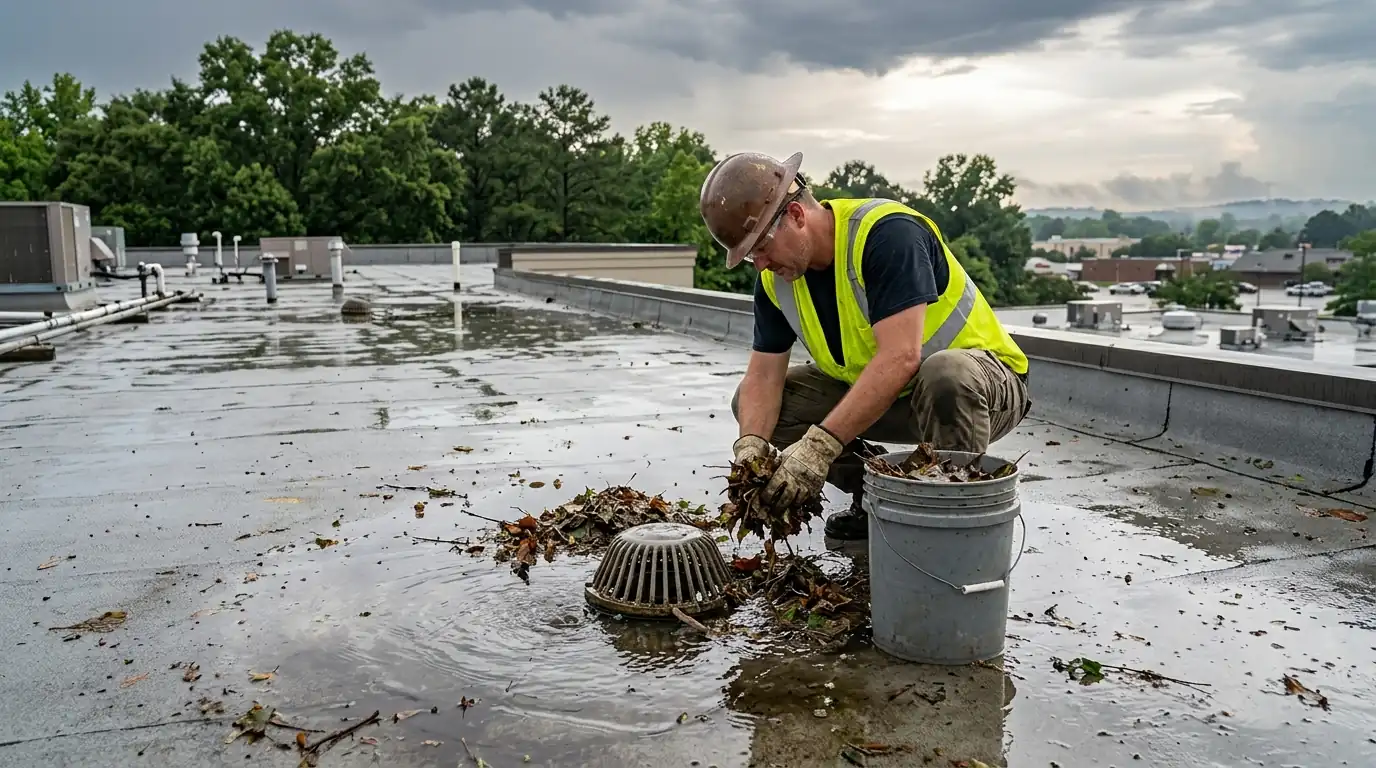 Roofer clearing leaves from an internal roof drain on a low-slope office building in central Arkansas after a summer thunderstorm