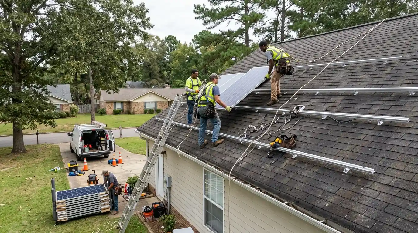 Roofing crew carefully lifting a solar panel off aluminum rails on a sloped shingle roof in Little Rock, panels stacked on padded racks below