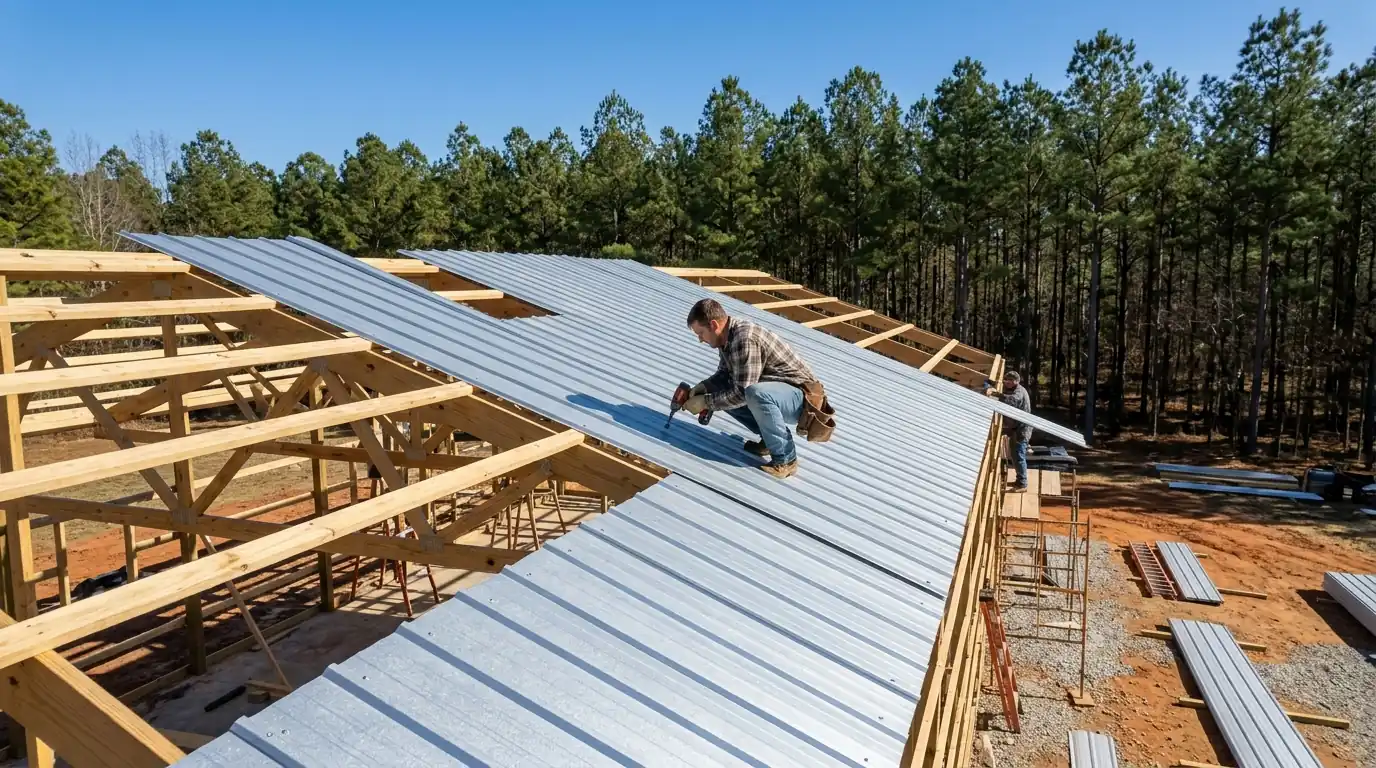 New galvalume ribbed metal panels being screwed to wood purlins on a post-frame shop in rural Saline County, Arkansas, pine trees behind, clear sky