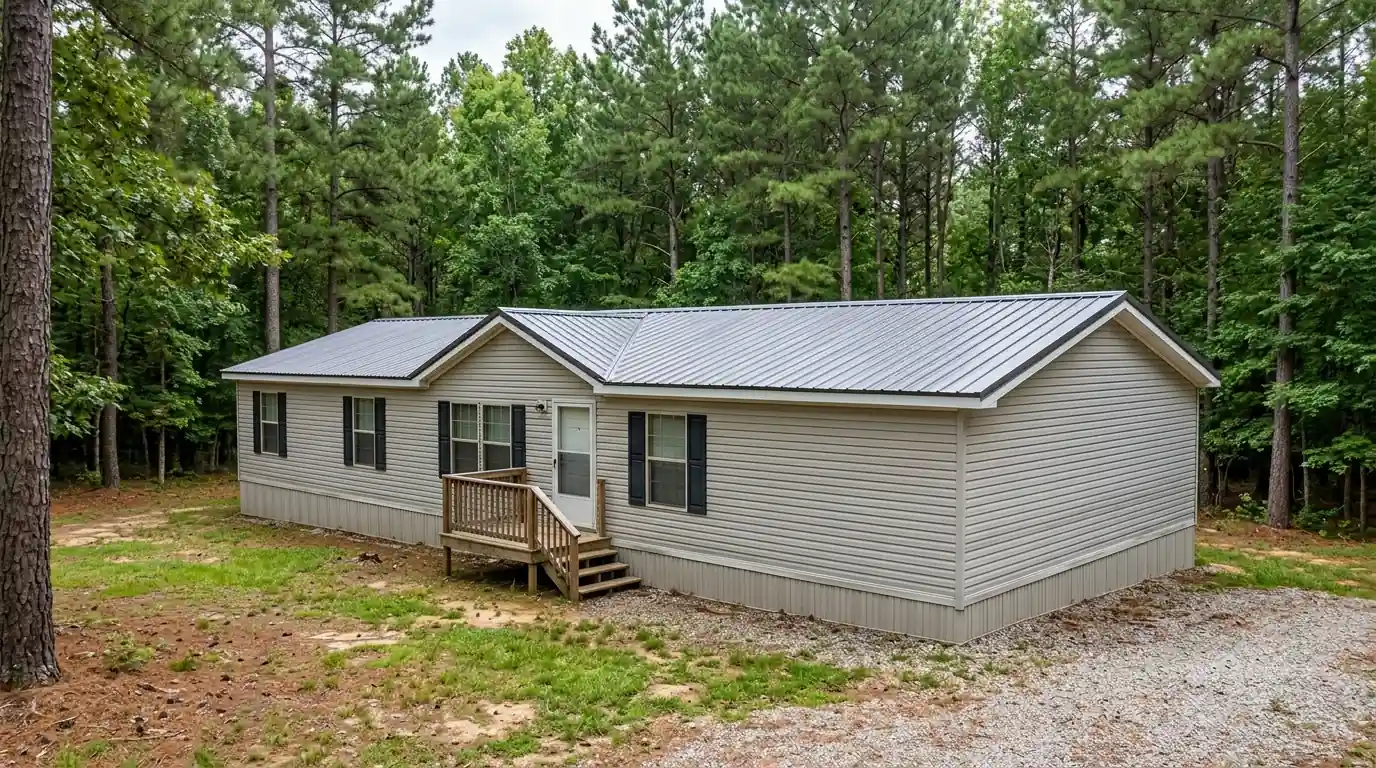 New ribbed metal roof-over panels with crisp edge trim on a double wide manufactured home in central Arkansas, green pines behind