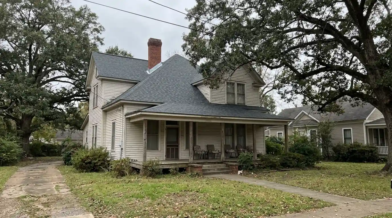 Older two-story frame house in Pine Bluff Arkansas with new dark gray shingles and rebuilt chimney flashing, mature oak trees, overcast afternoon light