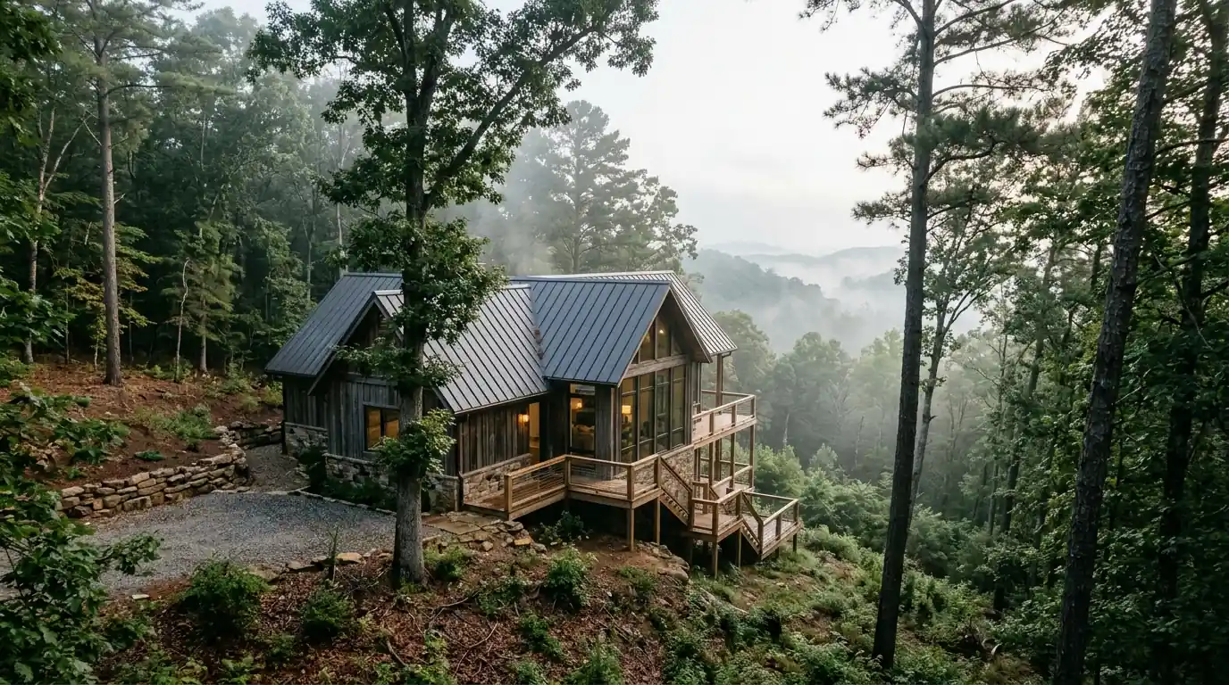 Custom hillside home near Roland Arkansas with a charcoal standing seam metal roof among tall oak and pine trees, morning mist over wooded ridges