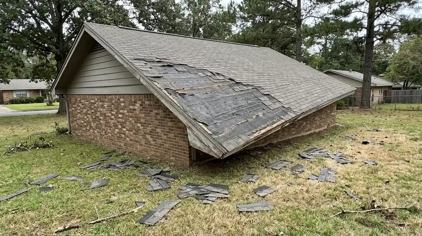 Missing shingles and exposed felt underlayment along the rake edge of a central Arkansas ranch roof, scattered tabs on the lawn below