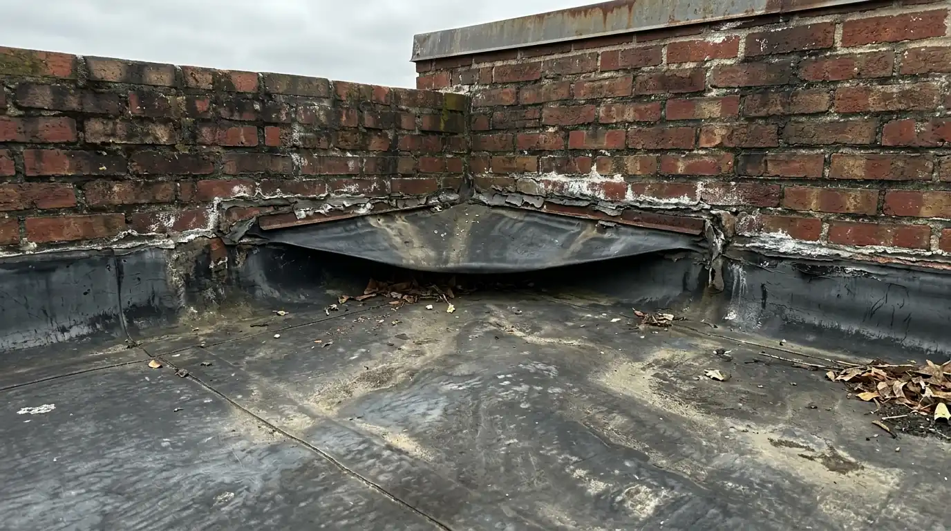 Aging black EPDM flat roof with shrunken rubber tenting at a brick parapet corner, central Arkansas commercial building, overcast light
