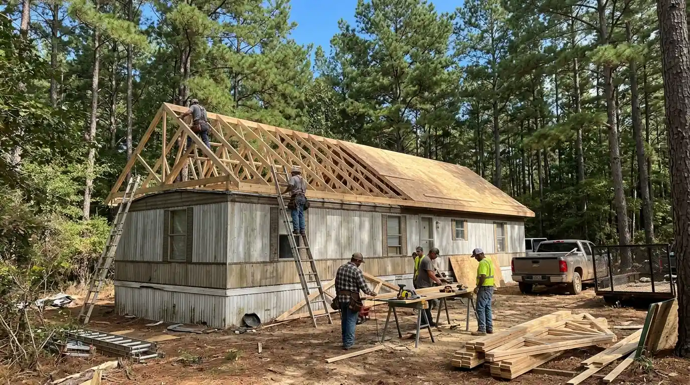 Crew installing a pitched roof over on a single-wide manufactured home on wooded acreage in Grant County Arkansas, tall pines around, clear sky
