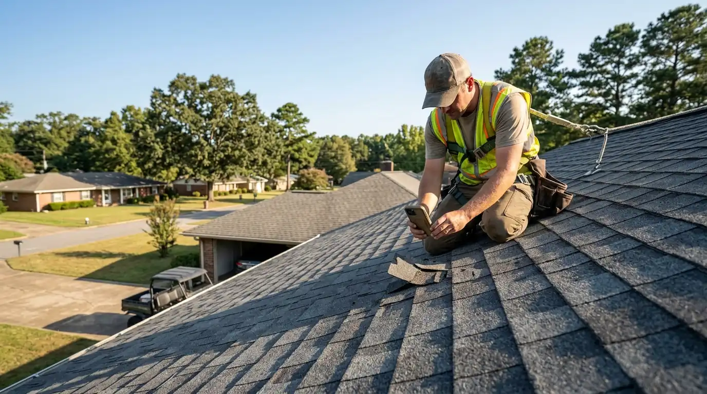 Roofer kneeling on an architectural shingle roof in Little Rock photographing lifted tabs with a phone, clear afternoon sky, ranch home below