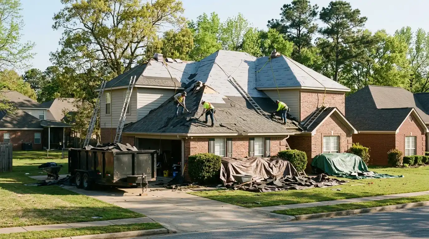Crew tearing off old builder-grade shingles on a two-story subdivision home in Austin Arkansas, fresh underlayment visible, bright spring morning