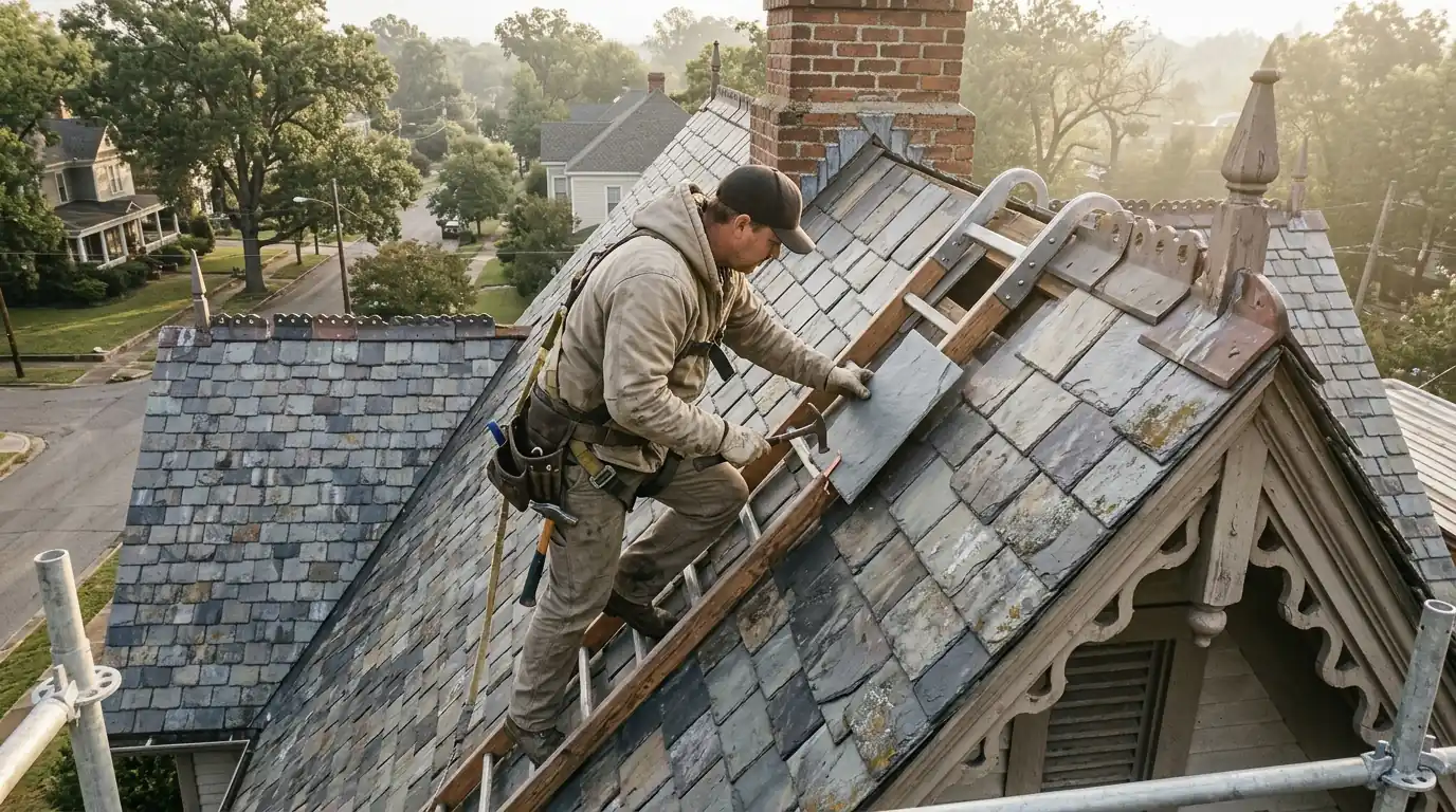 Roofer on a roof ladder fitting a replacement gray slate with a copper hook on a steep Victorian home in Little Rock, soft morning light